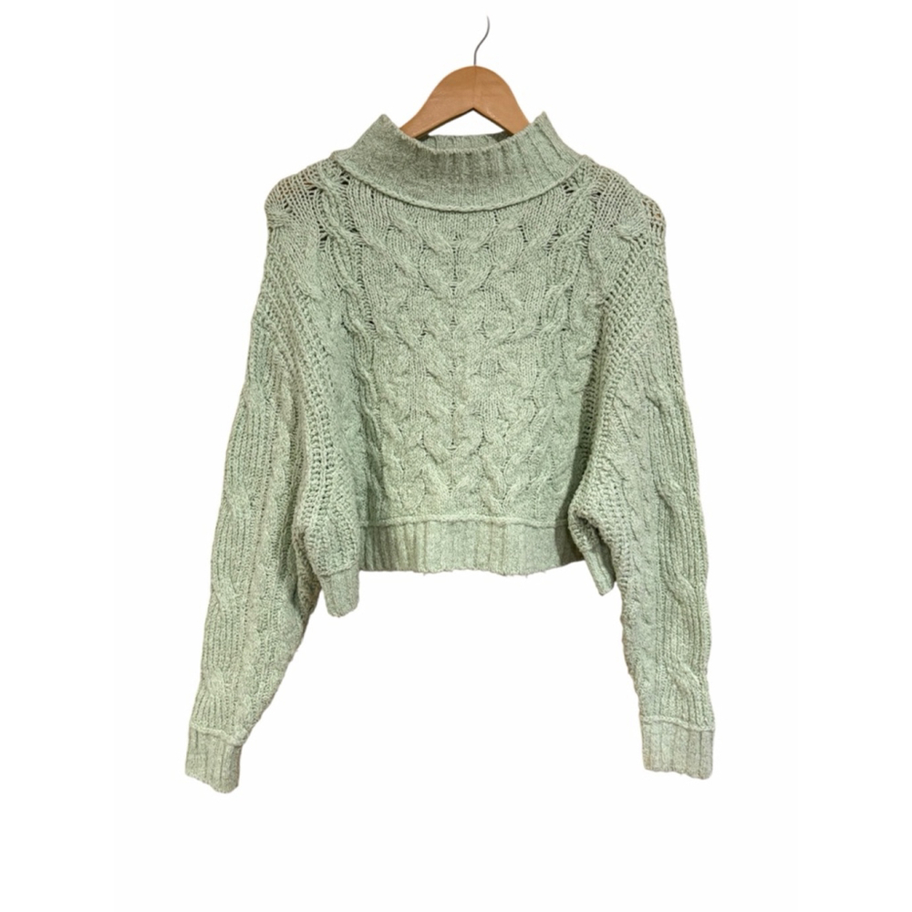 Free People Sage Green Chunky Knit Sweater Cropped Cable Knit Cozy Boho S